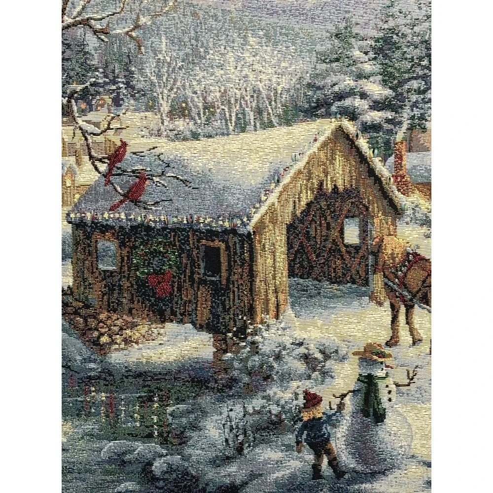 Nicky Boehme Winter Covered Bridge Woven Tapestry Wall Hanging Christmas 26x36